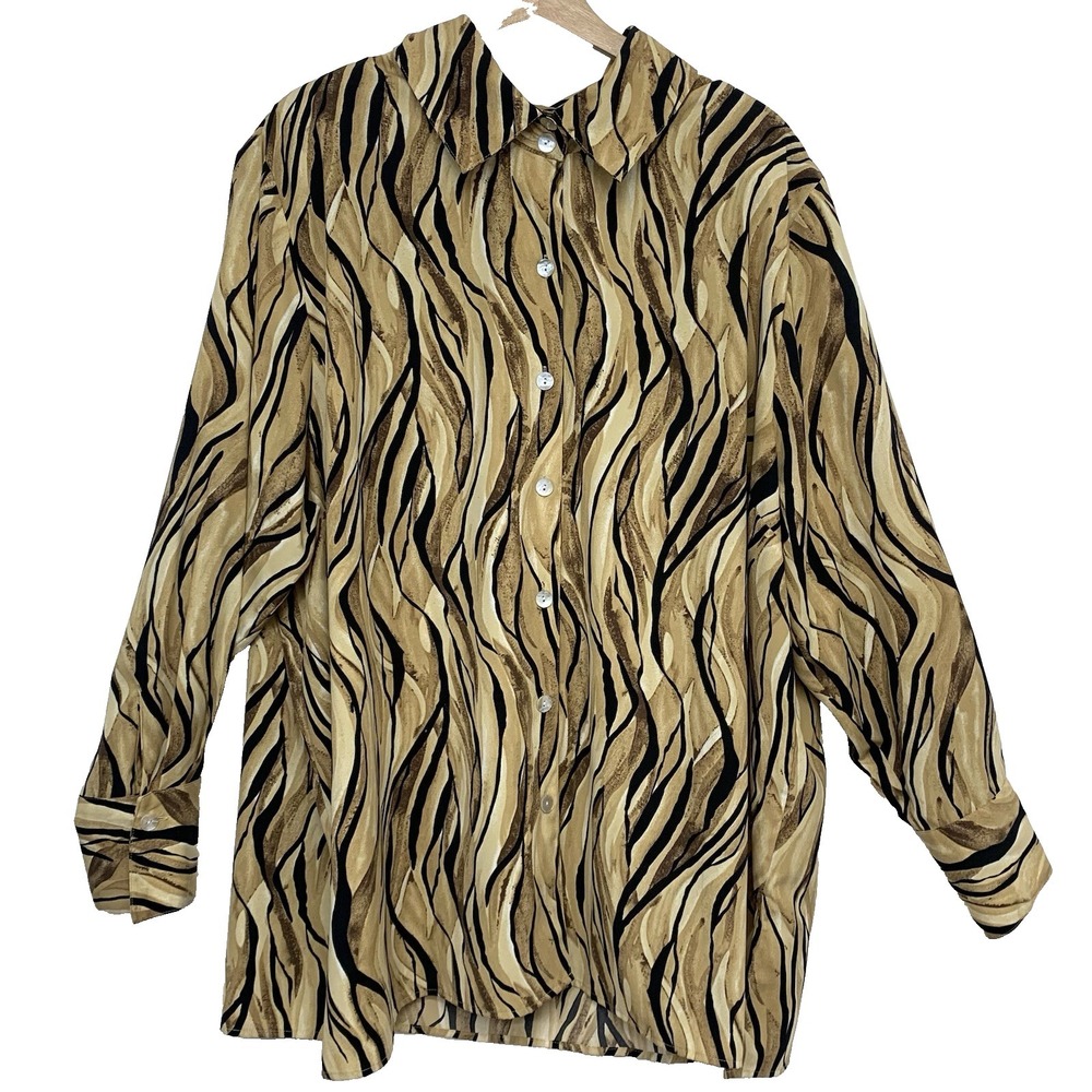Vintage Ashley Stewart Brown Animal Print Button Down Blouse Woman 26W Casual
